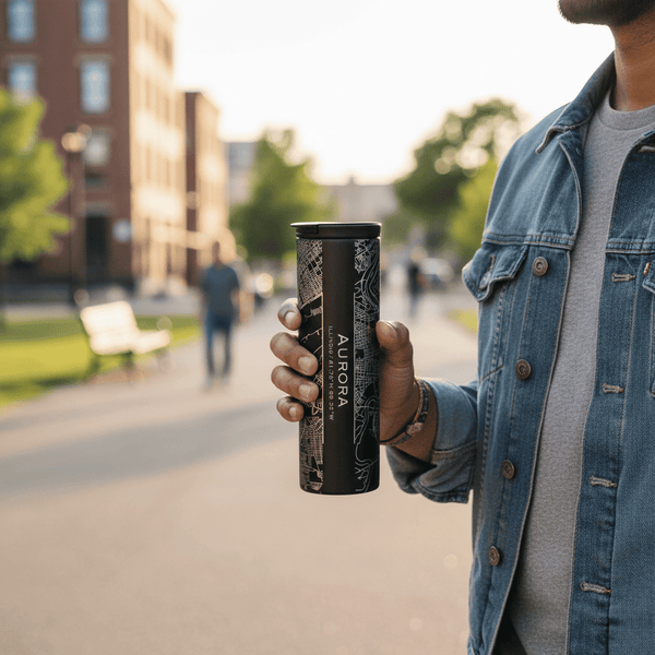 Person holding a black tumbler with 'Aurora' branding outdoors.