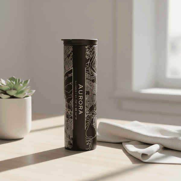 Black cylindrical container with 'Aurora' branding on a light surface with a plant and towel in the background.