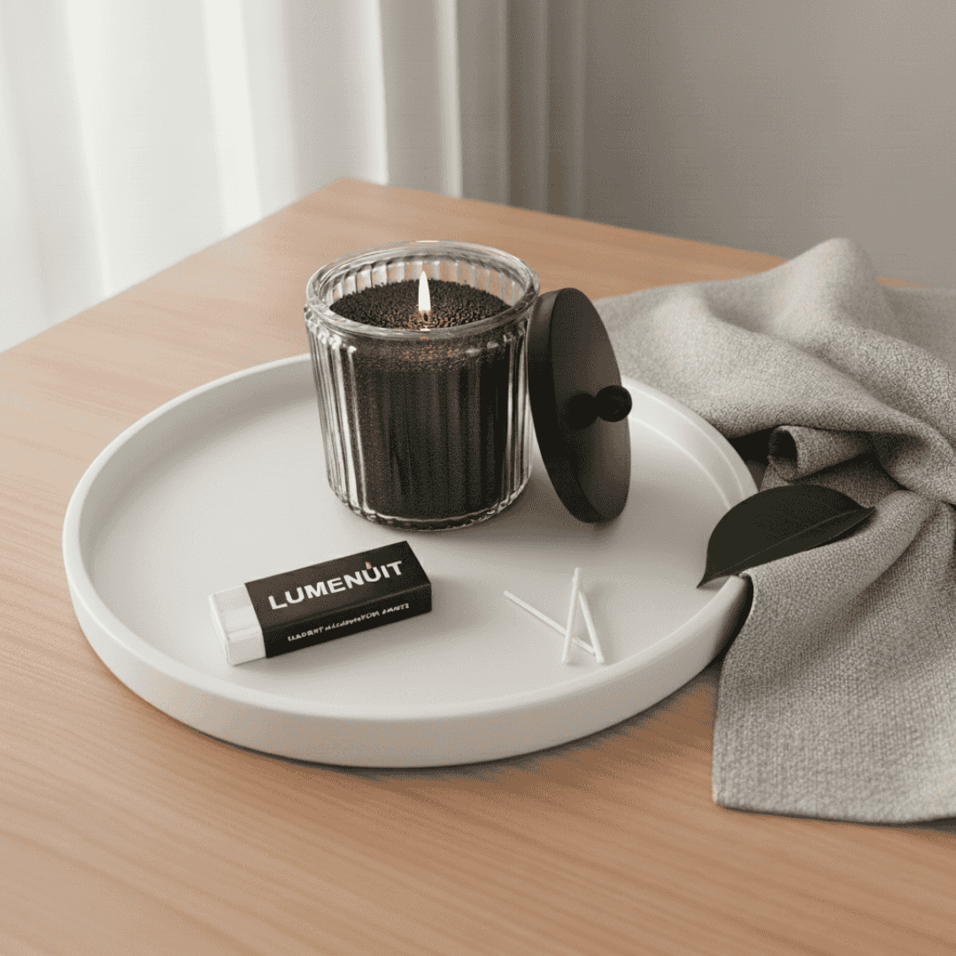 Candle and candle wick on a white tray with Lumenuit branding on a wooden surface.