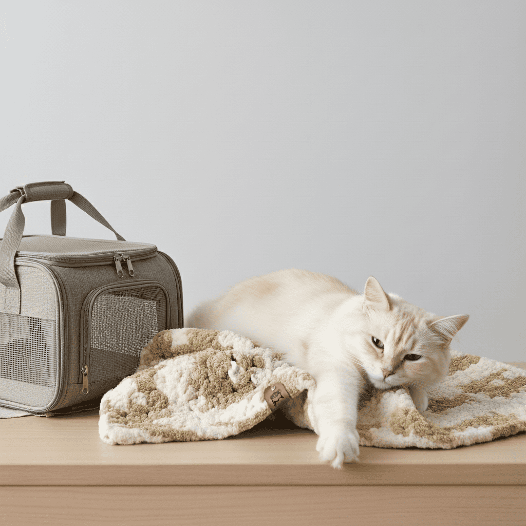 Cat lying on a blanket next to a pet carrier on a wooden surface with a light gray background