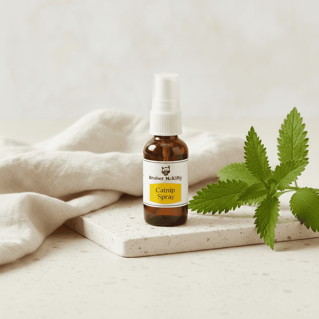 Catnip spray bottle on a white surface with a plant leaf