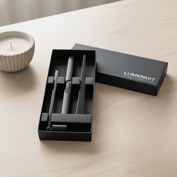A black box with 'Lumenuit' branding containing a candle snuffer, dipper and lighter on a light surface