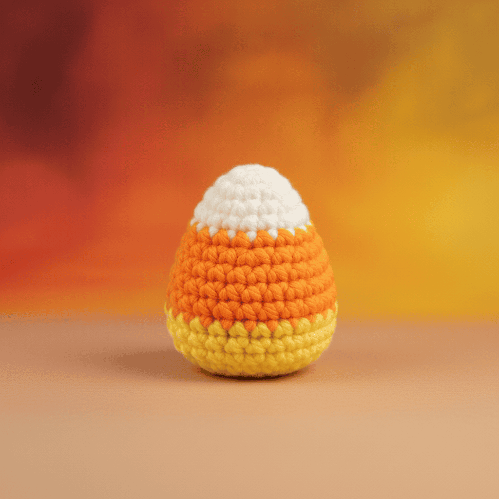 Crocheted candy corn toy on a warm-toned background