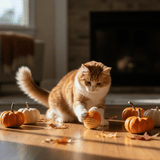 Cat playing with a candy corn catnip toy on a wooden floor with pumpkins around