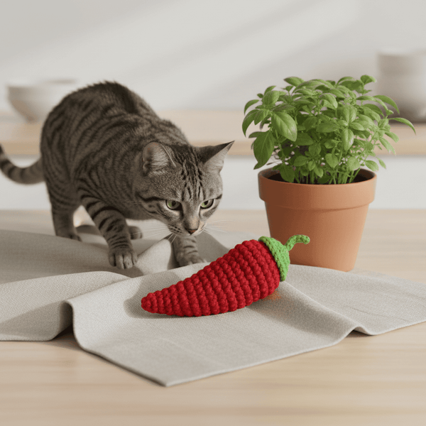 Cat stalking a red chili pepper-shaped catnip toy on a table with a plant in the background
