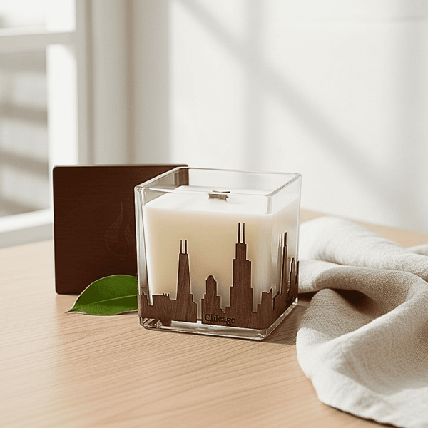 Candle with Chicago skyline design on a wooden surface