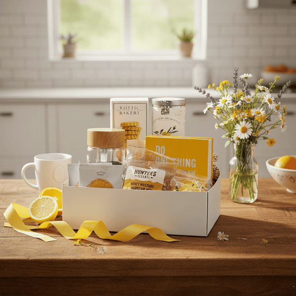 DO WHAT MAKES YOU HAPPY GIFT SET featuring a journal, Meyer Lemon Shortbread Cookies, White Lemon Ginger Tea, and more, all elegantly packed for a thoughtful gift. On a kitchen counter, featuring a vase of flowers and lemons