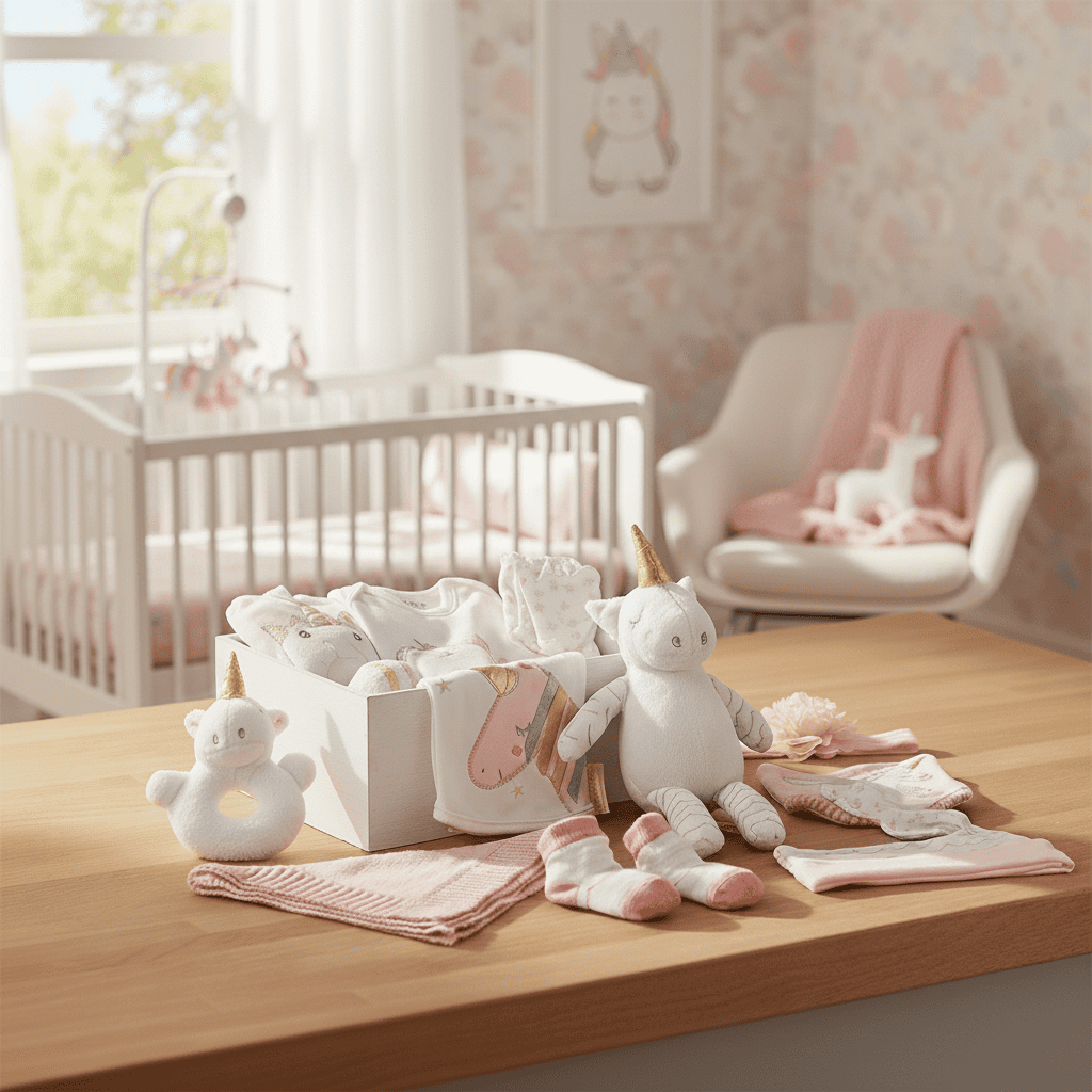 Baby items including a unicorn plush toy, baby clothes, and blankets on a table in a nursery