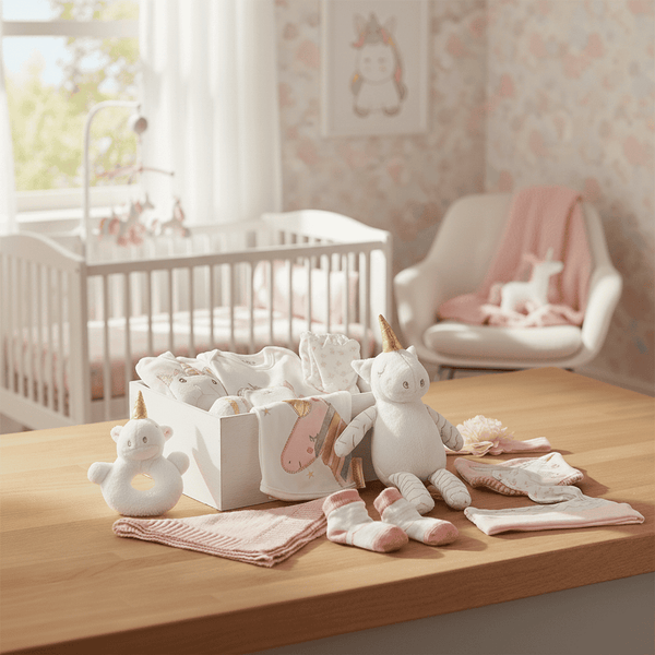 Baby items including a unicorn plush toy, baby clothes, and blankets on a table in a nursery