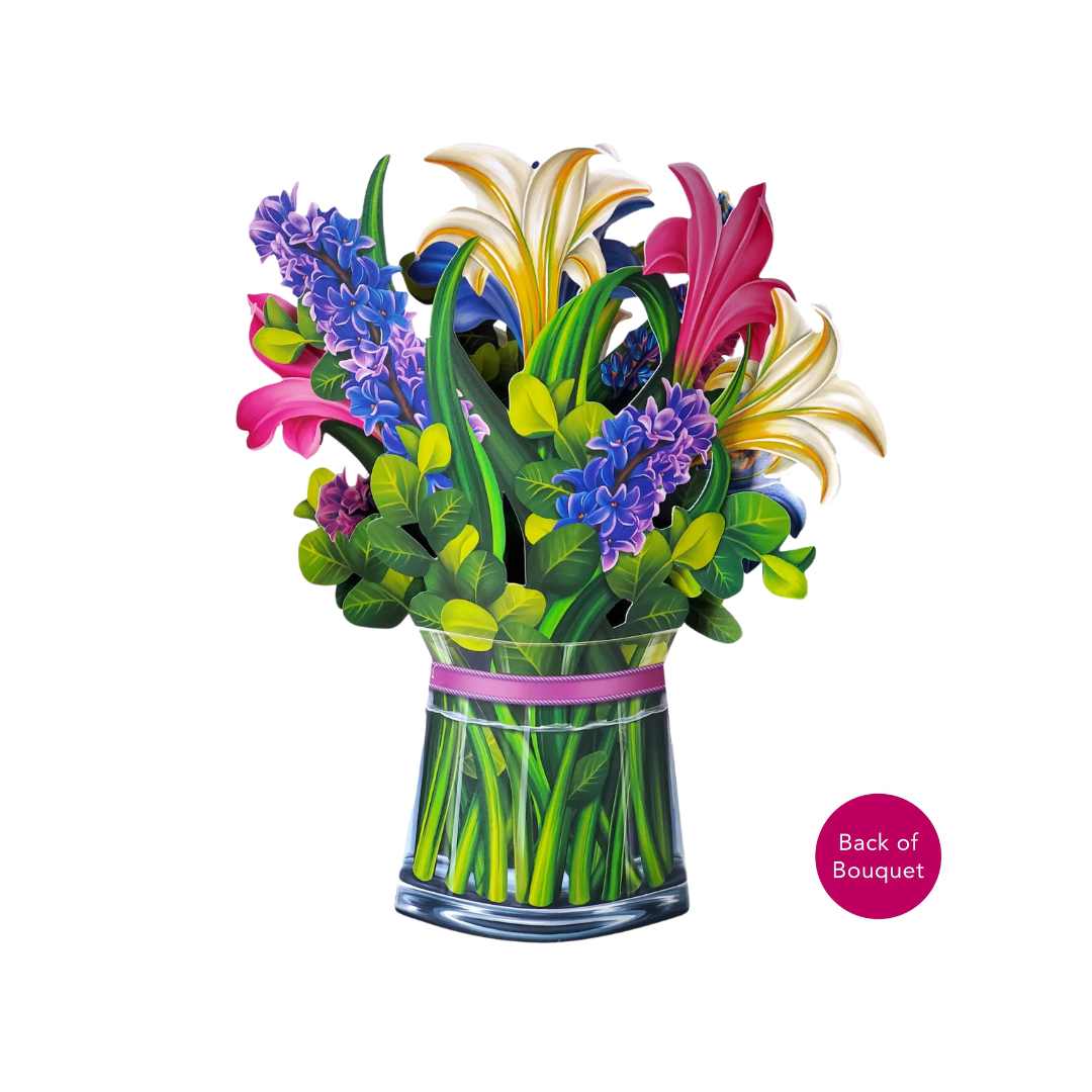 Lilies & Lupines Pop Up Card featuring a lifelike floral bouquet in a vase, crafted from recycled paper, ideal for thoughtful gifting.