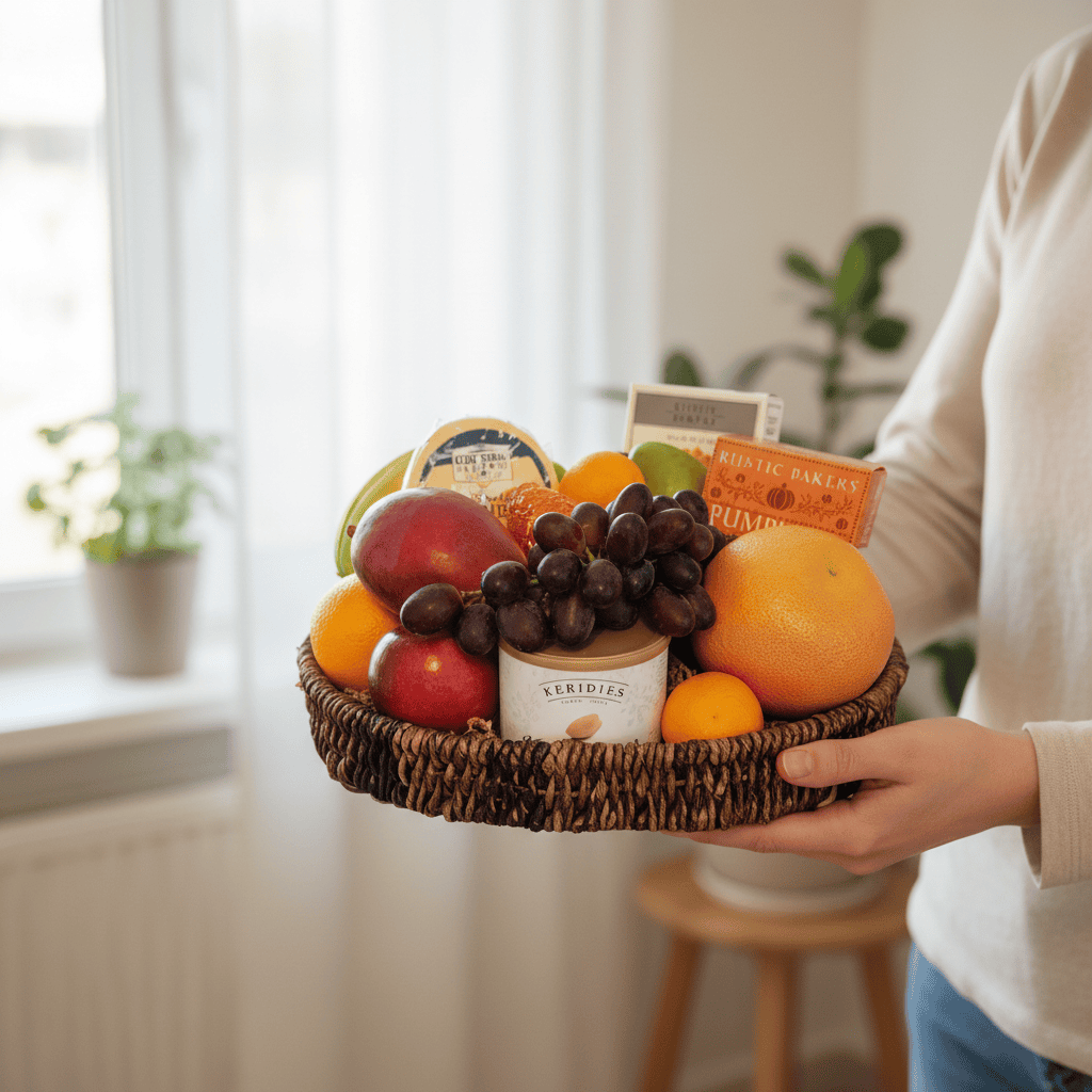 Person holding a fruit basket with various fruits indoors