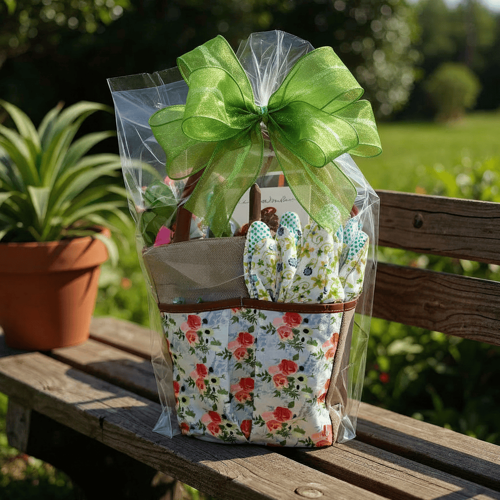 Gift basket with floral garden bag and green bow on a wooden bench outdoors