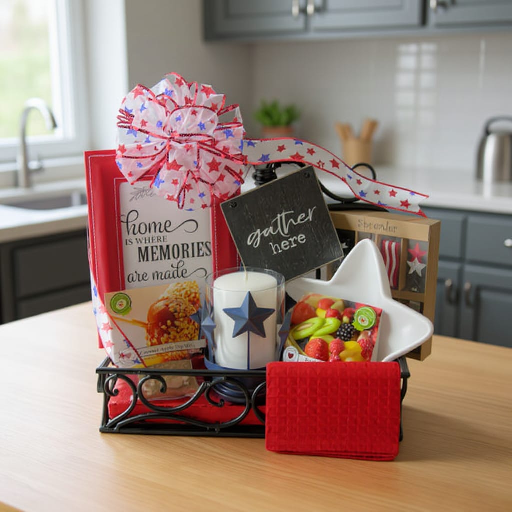 Gift basket with photo frame, candle, and snacks on a kitchen counter