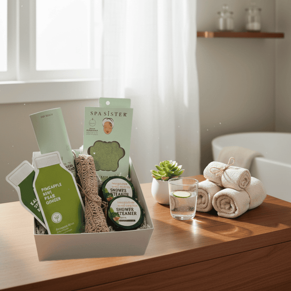 Spa Sister hair towel with facial masks and shower steamers set on a wooden surface with a glass of spa water and rolled towels in the background.