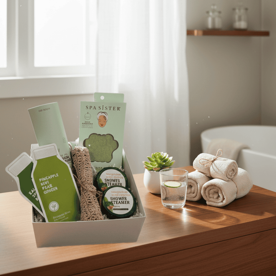 Spa Sister hair towel with facial masks and shower steamers set on a wooden surface with a glass of spa water and rolled towels in the background.