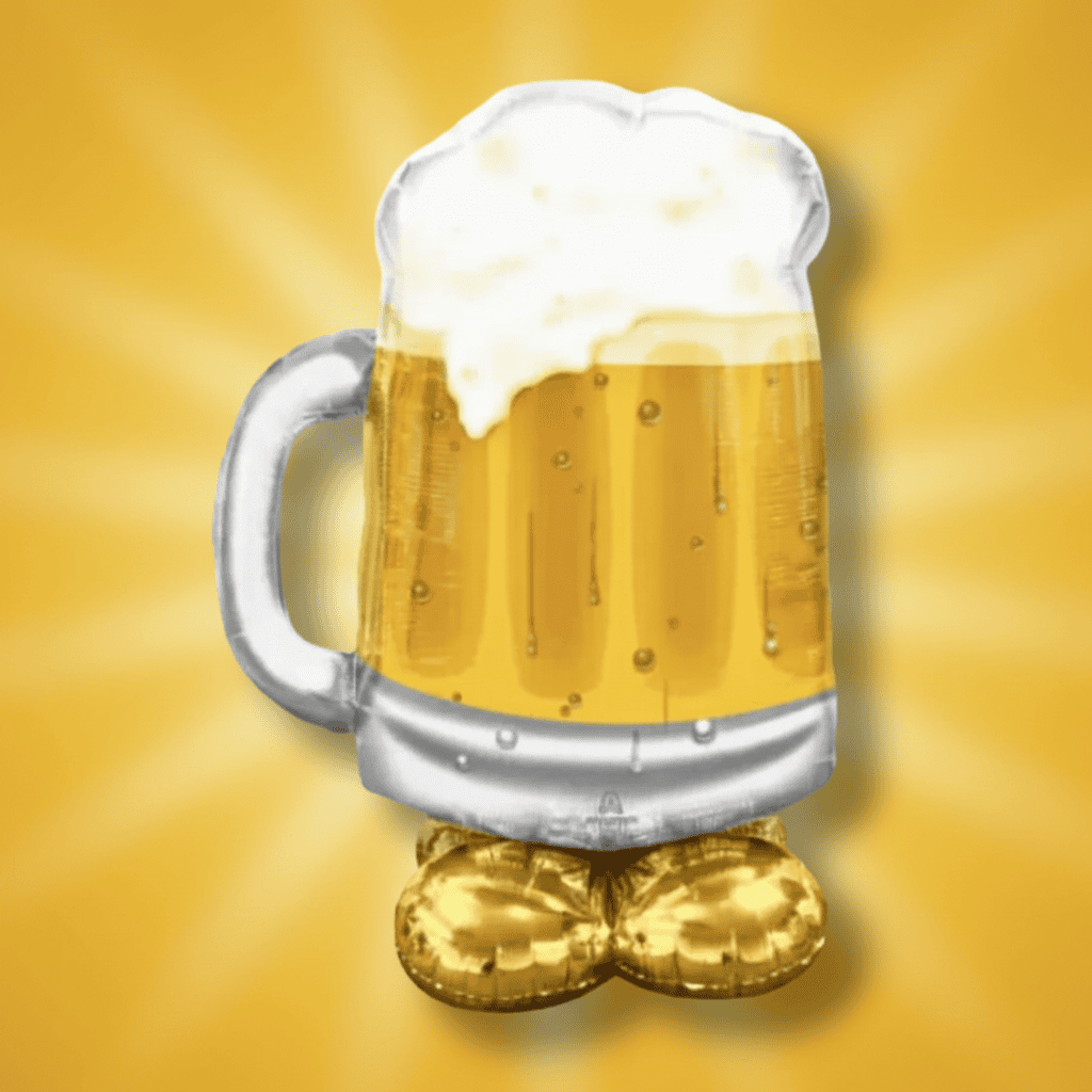 Jumbo 49 Big Beer Mug Balloon with frothy foam and gold base, perfect for party decor. Air-filled, reusable, local pickup/delivery from Celebratopia.