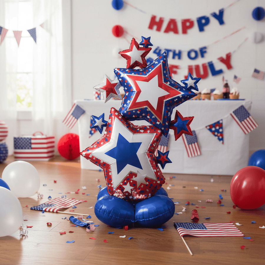 Decorative balloon with stars with July 4th decorations in the background.