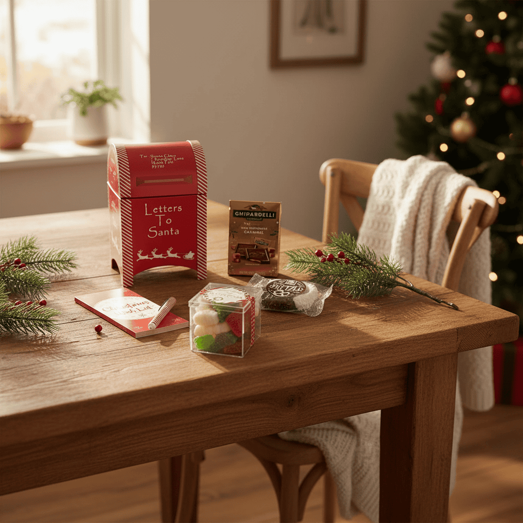Wooden table with Christmas items including a red mailbox, pine sprigs, a holiday themed notepad and pen and holiday themed sweets