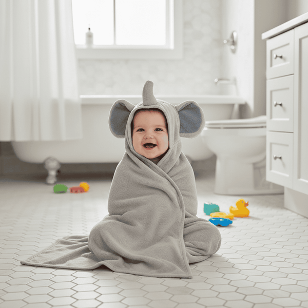 Baby wrapped in a gray elephant-themed towel in a bathroom