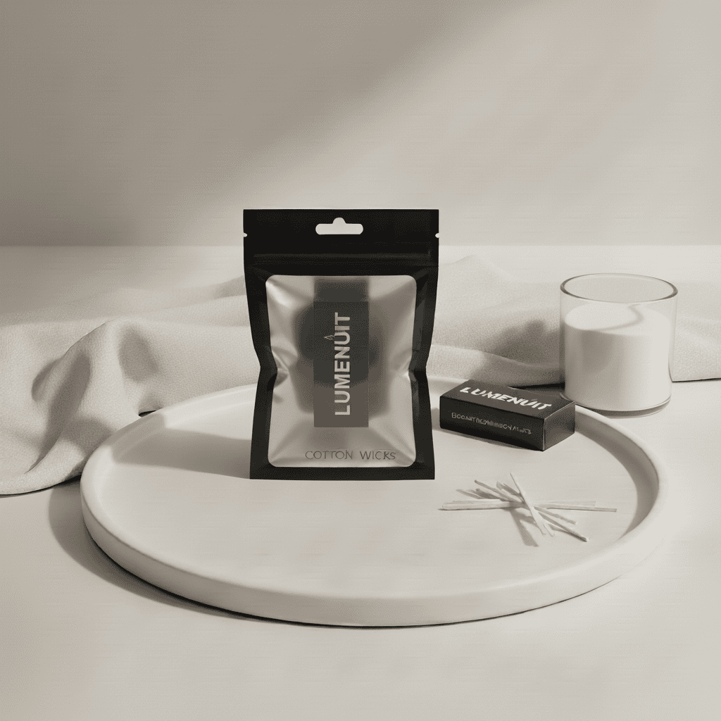Lumenut cotton wicks packaging on a white surface with a wax pearl candle and a white cloth.