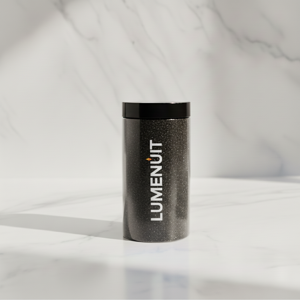 Lumenuit Colored Wax Pearls in a sleek, black speckled jar with a lid, ideal for creating customizable, vibrant candles in heat-resistant vessels.