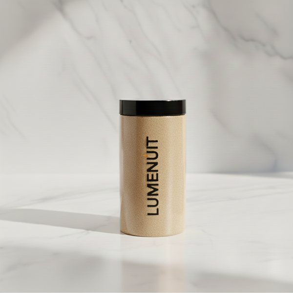 Lumenuit Colored Wax Pearls in sand-colored canister with black lid on marble, ideal for customizable candle experiences in Celebratopia's personalized gifting range.