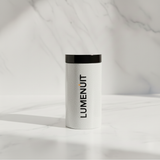 Lumenuit Snow White Wax Pearls in a textured white container with black lid, perfect for creating custom candles with ease and elegance.