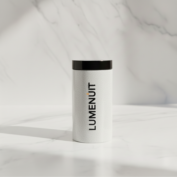 Lumenuit Snow White Wax Pearls in a textured white container with black lid, perfect for creating custom candles with ease and elegance.