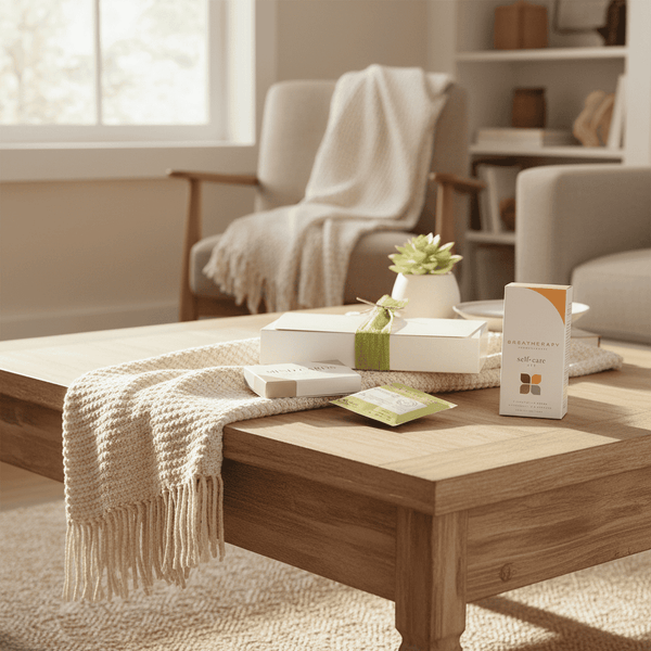 Wooden coffee table with mindful gift items in a living room setting