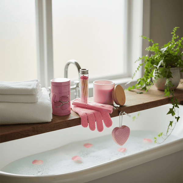 Bathroom setting with a bathtub, towels, and pink items on a windowsill.