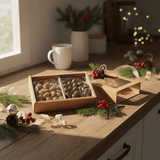 Kraft gift box with nuts and chocolates on a wooden surface with Christmas decorations