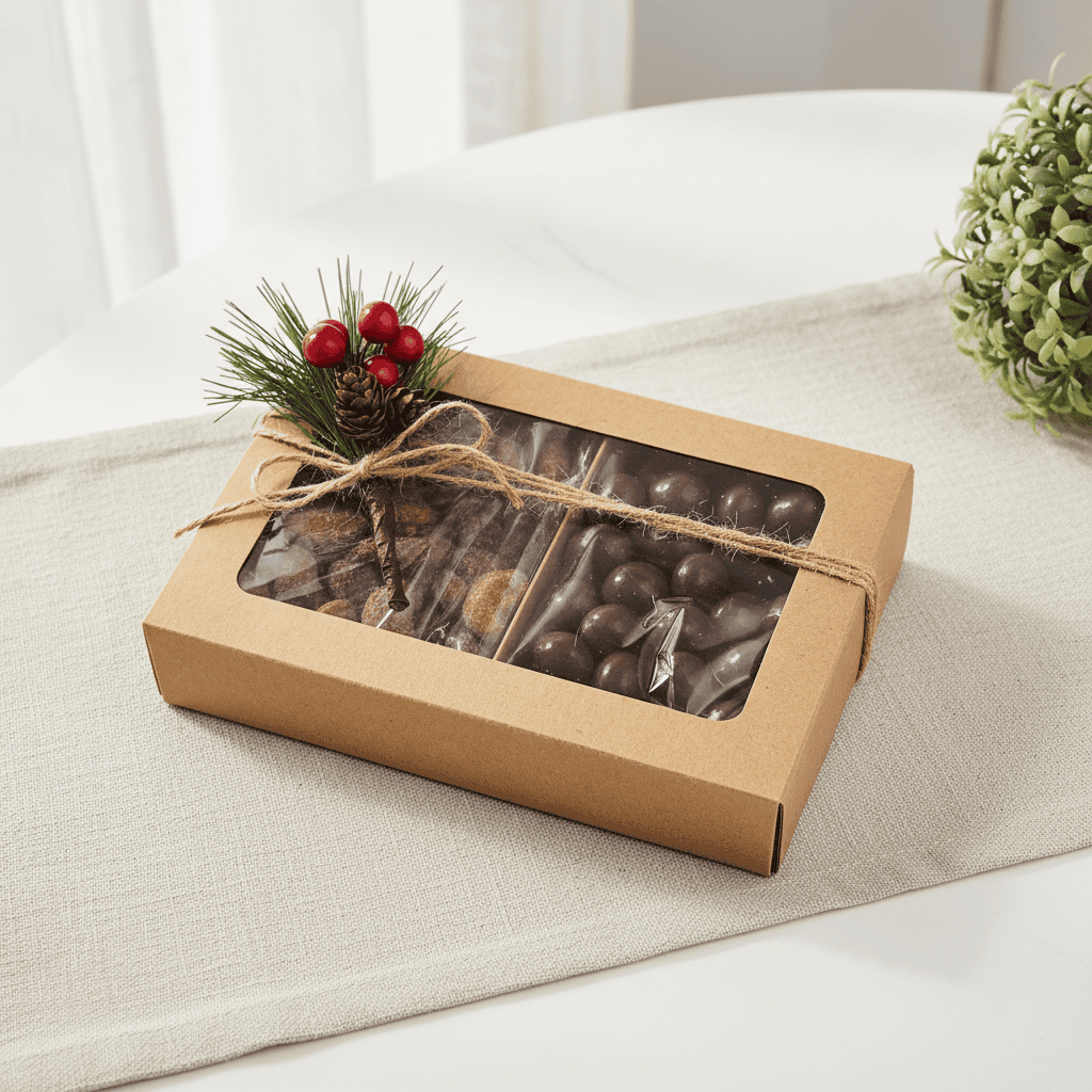 Gift box with gourmet chocolate pretzel balls and honey roasted cashews with decorative elements on a light surface