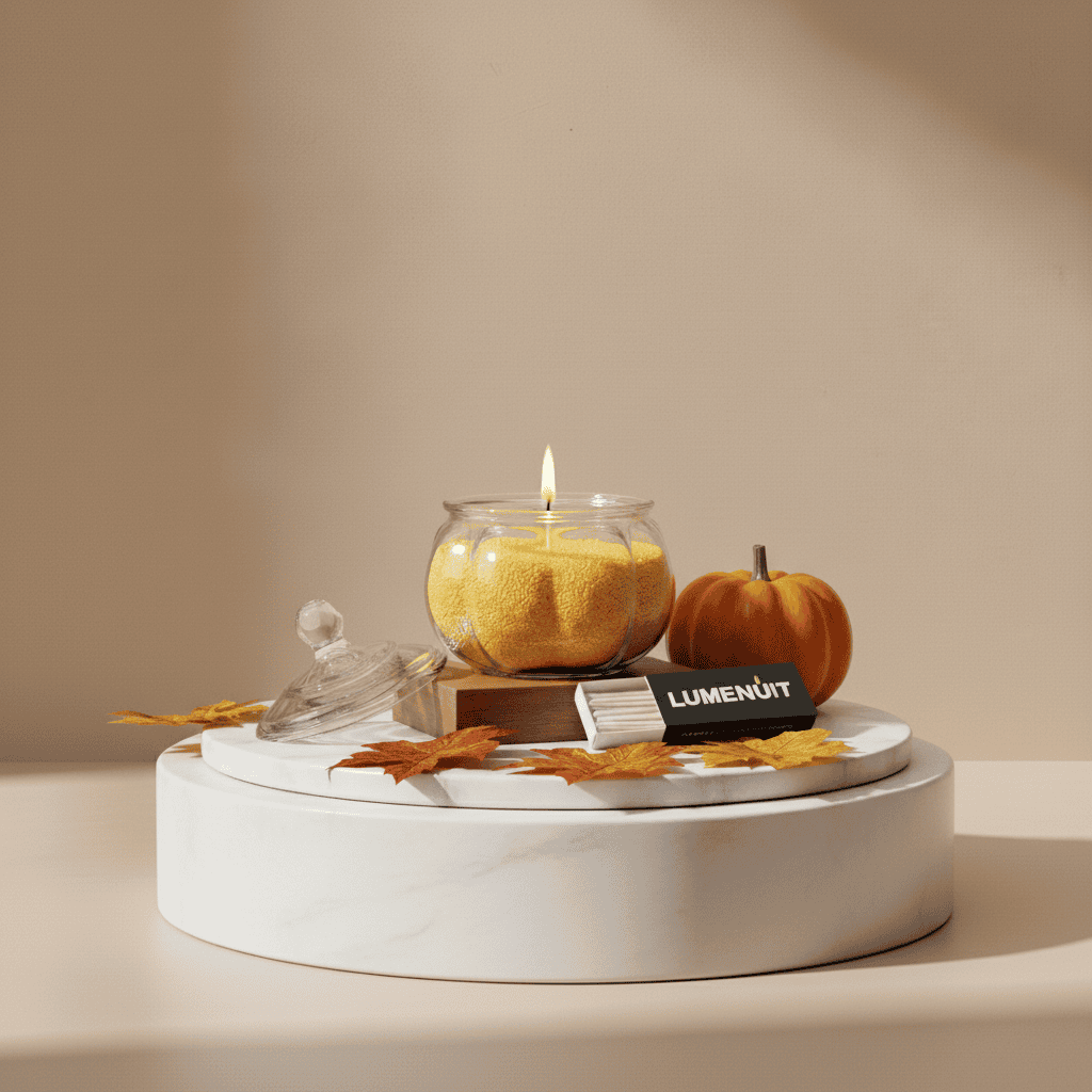Decorative setup with a candle, pumpkin, and leaves on a white surface with a neutral background