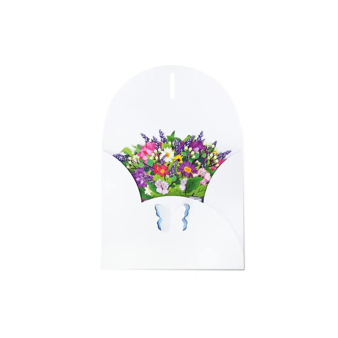 Spring Floral Pop Up Card with vibrant paper bouquet and butterfly detail, featuring a striking blue vase. Includes a blank note card for personalization.