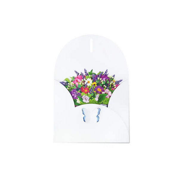 Spring Floral Pop Up Card with vibrant paper bouquet and butterfly detail, featuring a striking blue vase. Includes a blank note card for personalization.