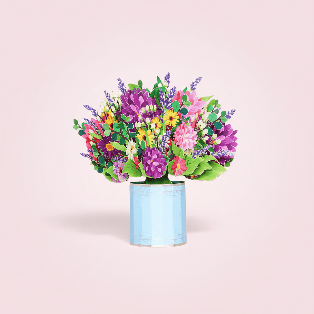Spring Floral Pop Up Card featuring a mixed flower bouquet in a blue keepsake box, perfect for gifting; includes a blank note card.