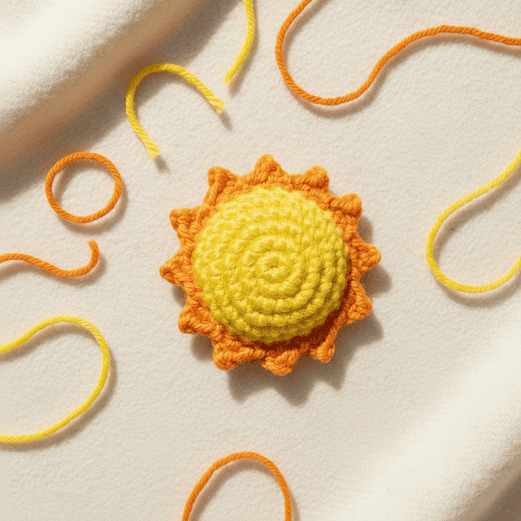 Crocheted sun-shaped object with yellow center and orange border on a light background