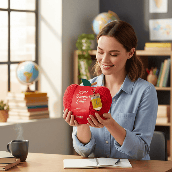 Woman holding Best Teacher Ever apple-shaped pillow with pencil keychain, surrounded by books and a mug, in a cozy home office setting.