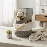 Baby gift basket with plush toys, photo frame, and blanket on a table.