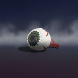 closeup of the bruiser mckitty bloody eyeball crochet catnip filled toy with a spooky dark background