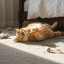 Cat playing with a toy carrot catnip toy on a carpeted floor. Perfect for cats, filled with organic catnip and silver vine, handmade by Bruiser McKitty.