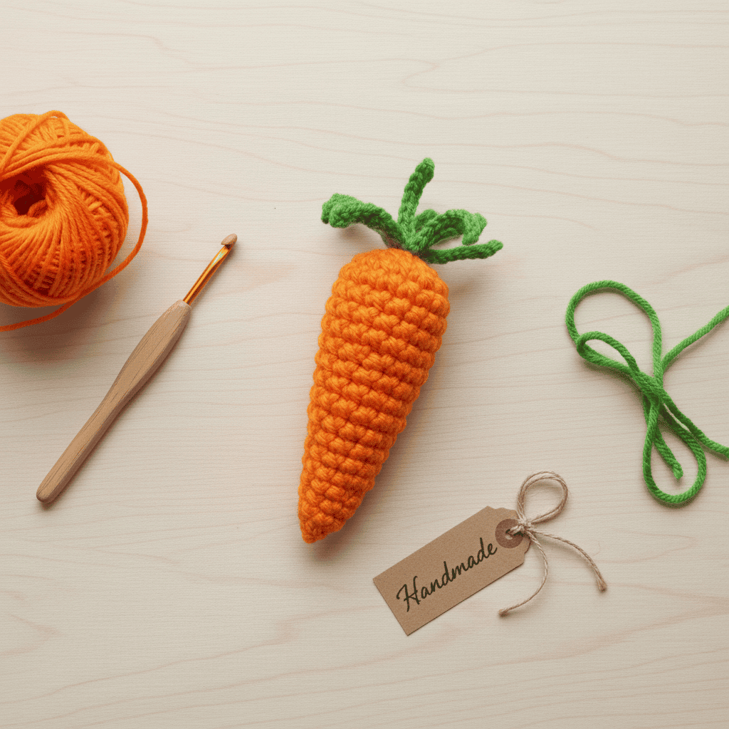 Crocheted carrot catnip toy with yarn and hook on a light surface, featuring a 'Handmade' tag.  Filled with organic catnip and silver vine, handmade by Bruiser McKitty.