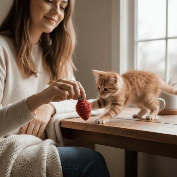 Woman holding a Bruiser McKitty red Christmas Bulb catnip Toy next to a kitten on a wooden table.