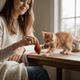 Woman holding a Bruiser McKitty red Christmas Bulb catnip Toy next to a kitten on a wooden table.