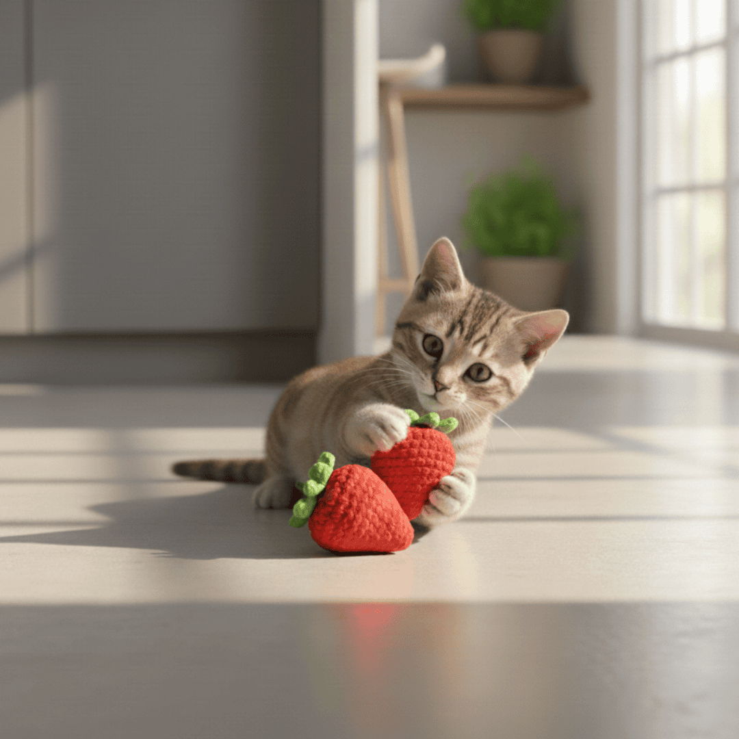 Cat playing with red Bruiser McKitty strawberry catnip toys on a wooden floor.