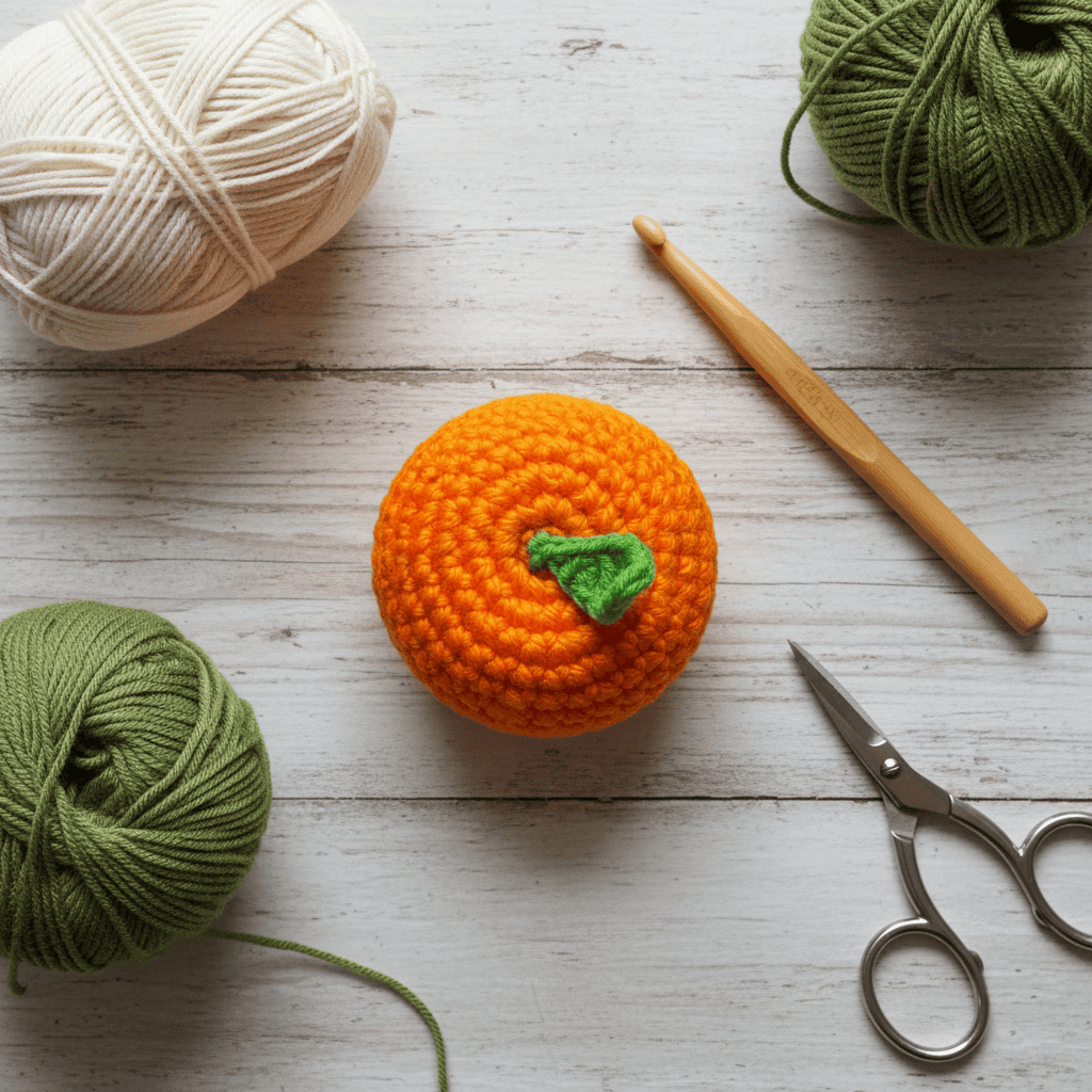 Crocheted orange tangerine catnip toy with green stem, surrounded by yarn balls and a crochet hook on a wooden surface.