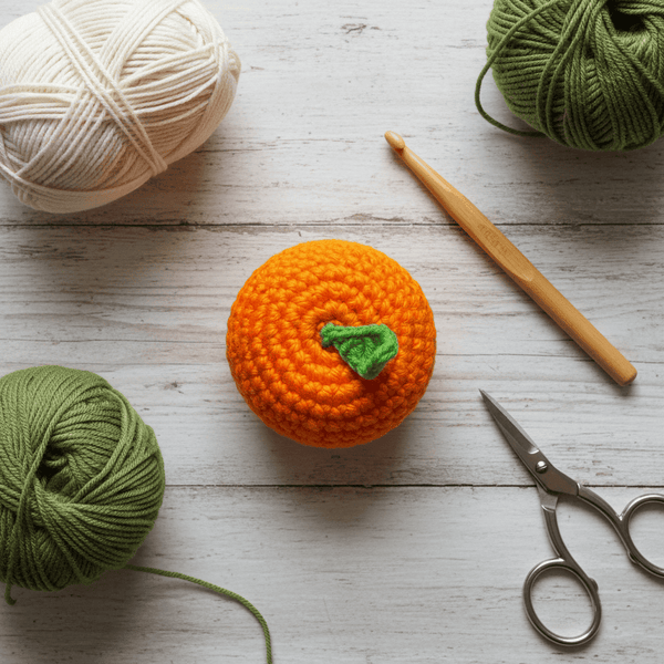 Crocheted orange tangerine catnip toy with green stem, surrounded by yarn balls and a crochet hook on a wooden surface.