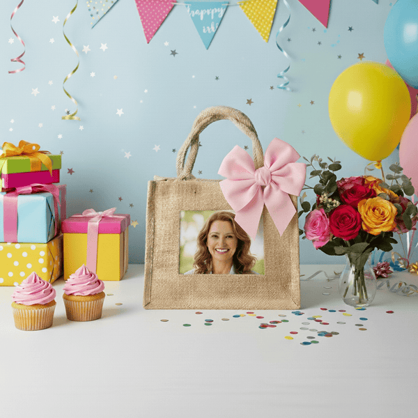 Jute Photo Tote with pink bow, featuring a pocket for a customizable photo, amid celebratory gifts, cupcakes, roses, and balloons on a festive table.
