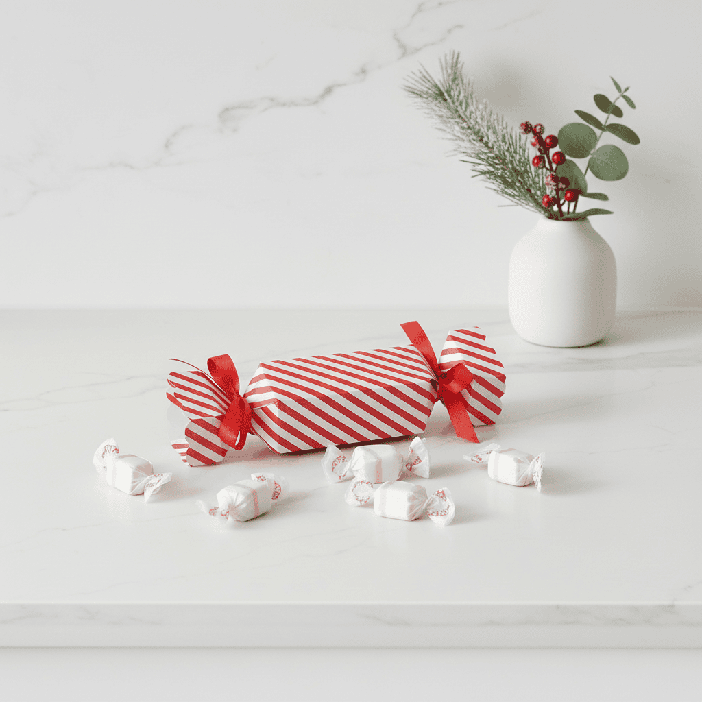 Candy Twist with Peppermint Taffy on a marble table, wrapped in red-and-white stripes with red ribbons, surrounded by peppermint taffies and a festive vase nearby.
