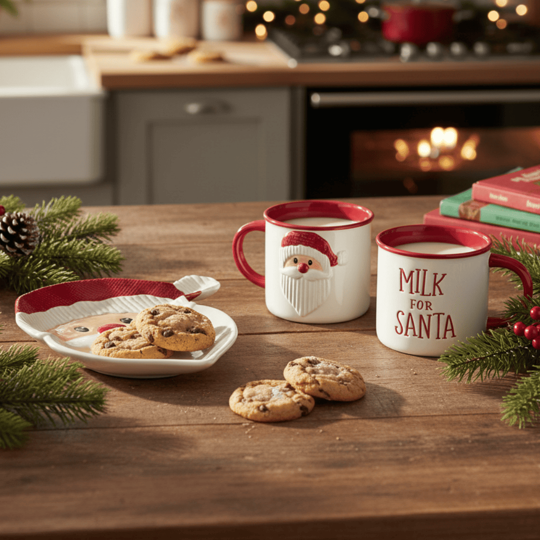 Two Santa mugs and a Santa plate, shown in a Christmas kitchen with cookies and milk